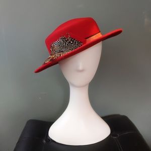 Vintage 1980s Bright Red Wool Pheasant Feather Low Crown Boater Hat